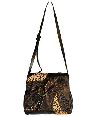 Vintage Sharif Black Leather Patchwork Flap Crossbody Bag Mixed Animal Print